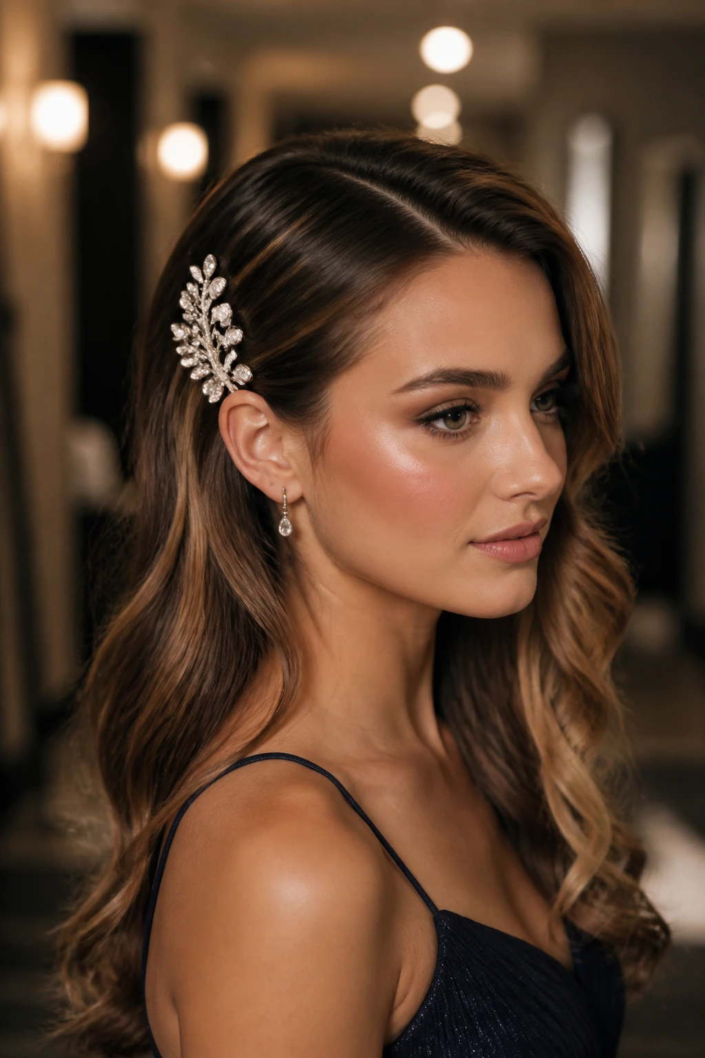 Portrait of a woman with a jeweled side pin in soft waves behind the ear