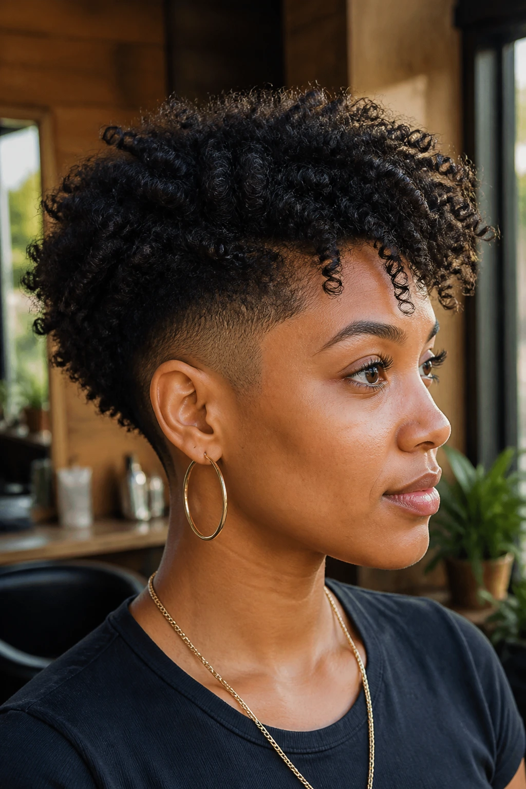 Close-up portrait of a real person with kinky-coily medium cut and tapered undercut