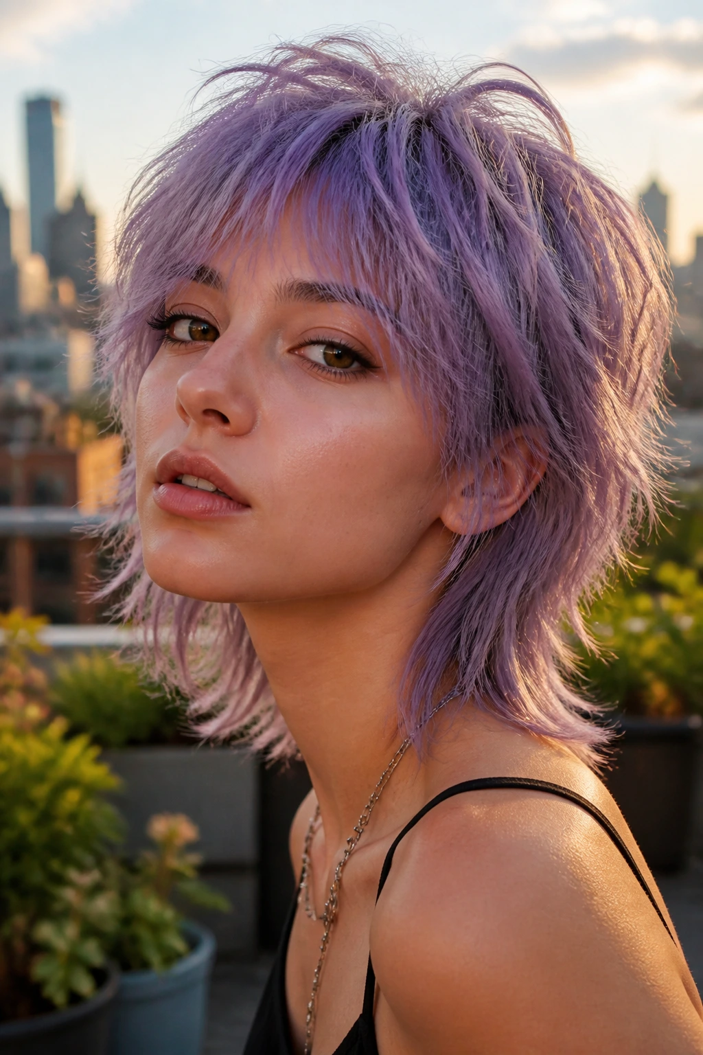 Close-up portrait of a real person with a short wolf cut dyed lavender, soft dreamy color