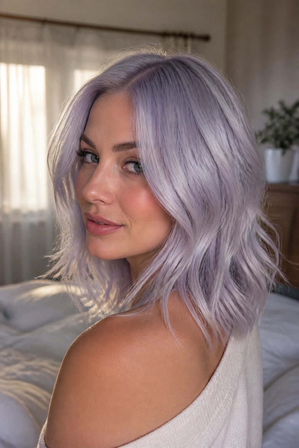 Close-up of a real person with lavender tinted silver hair.
