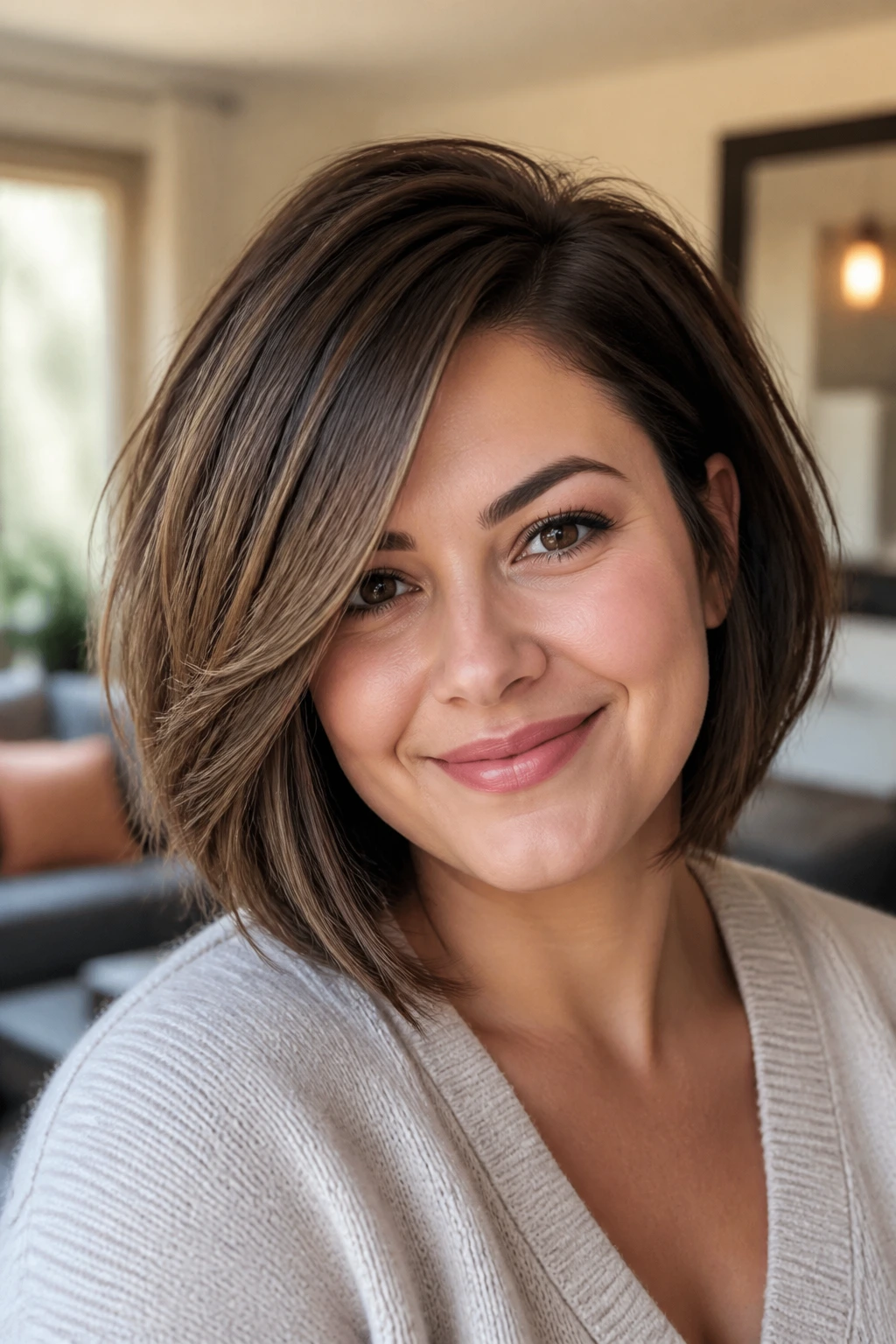 Close-up of a real woman with layered bob and side part, hair filled frame