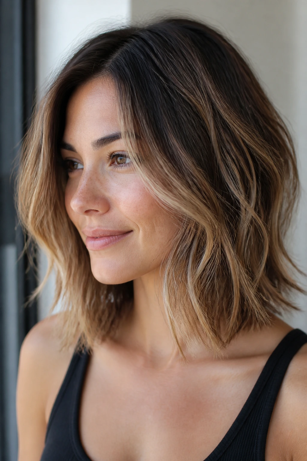 Real woman with layered long bob hairstyle close-up