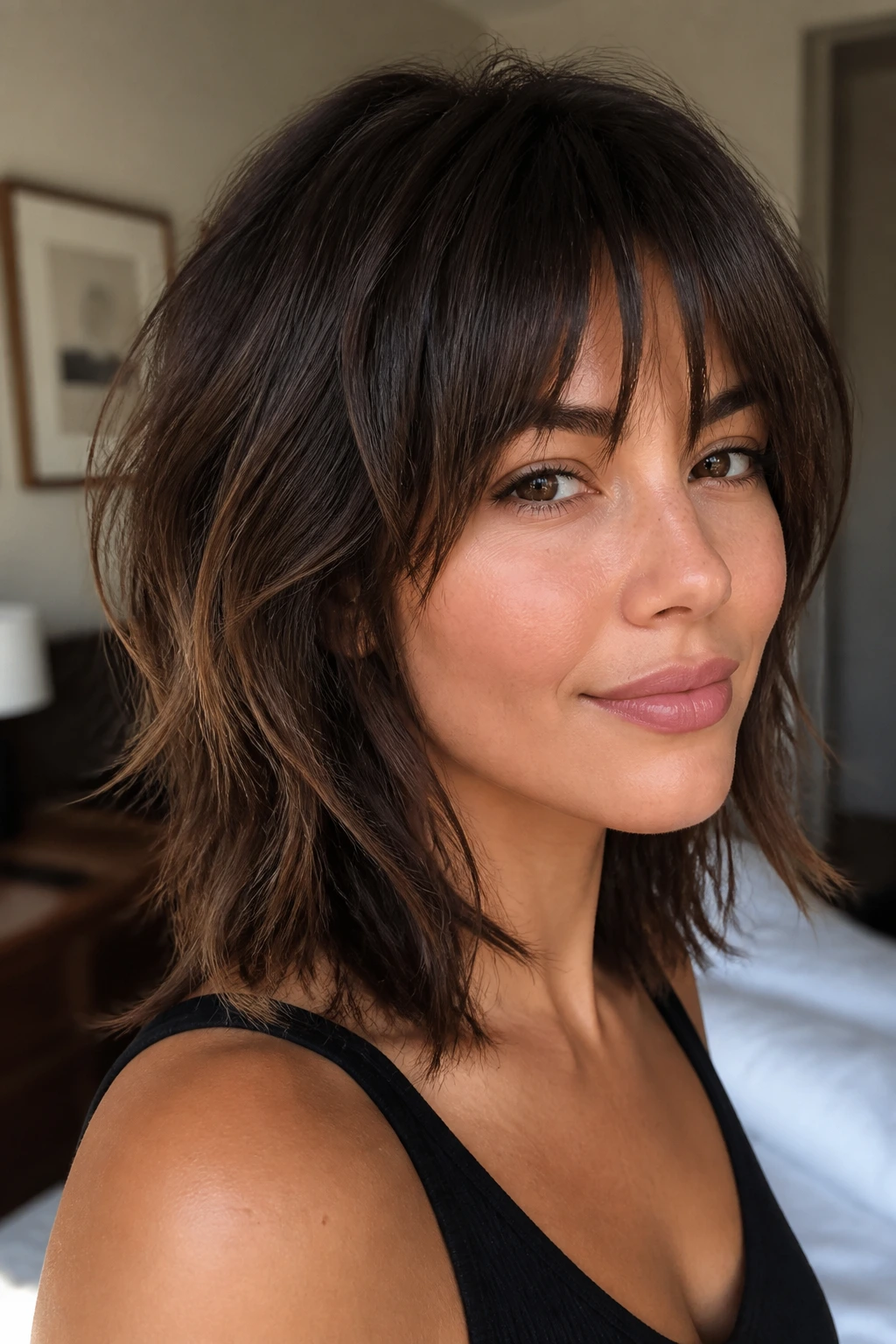 Close-up of a real woman with a layered lob shag showing texture and layers.