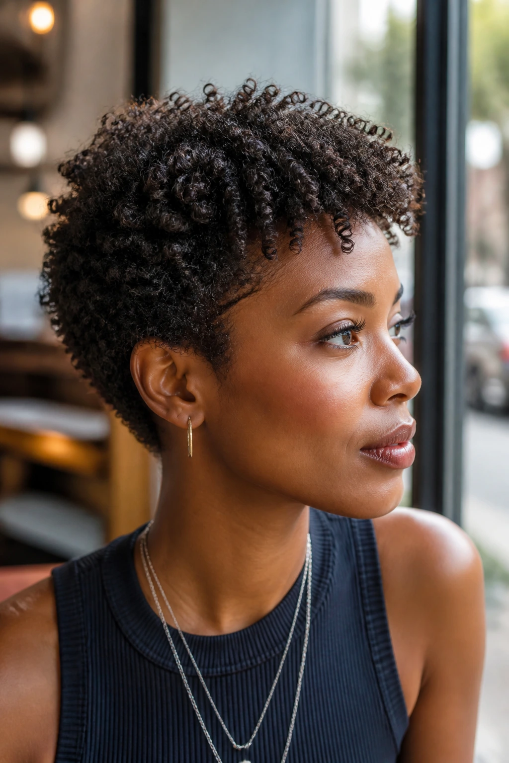 Close-up of a person with layered short cut in sunlit cafe