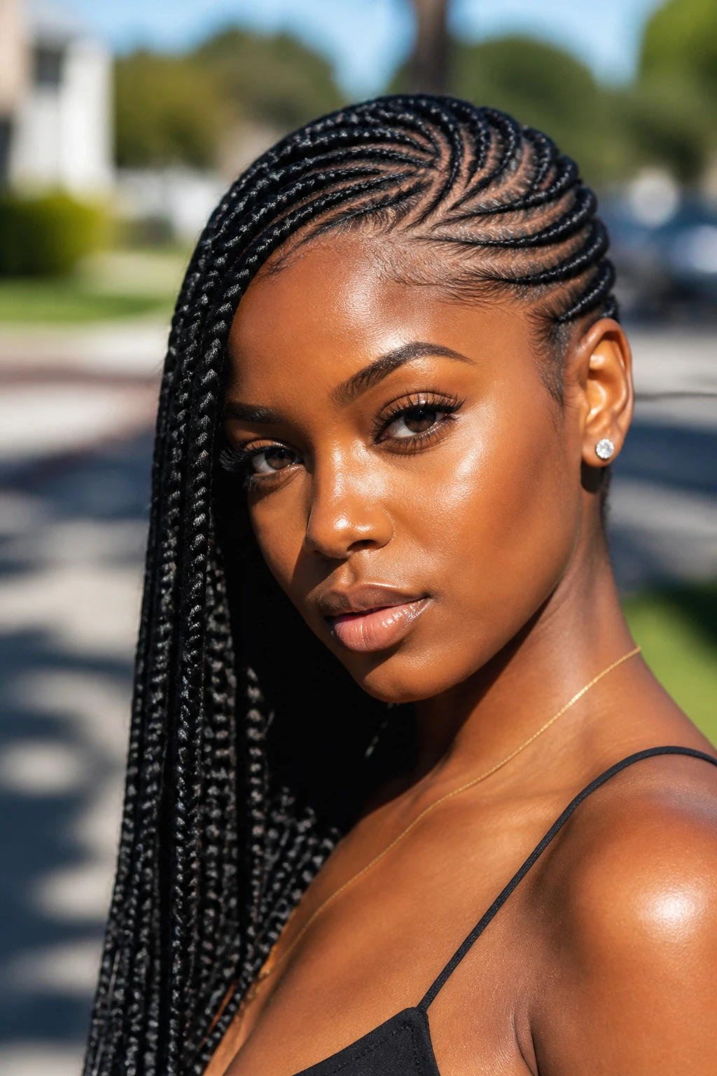 Close-up of a real woman with side-swept lemonade braids