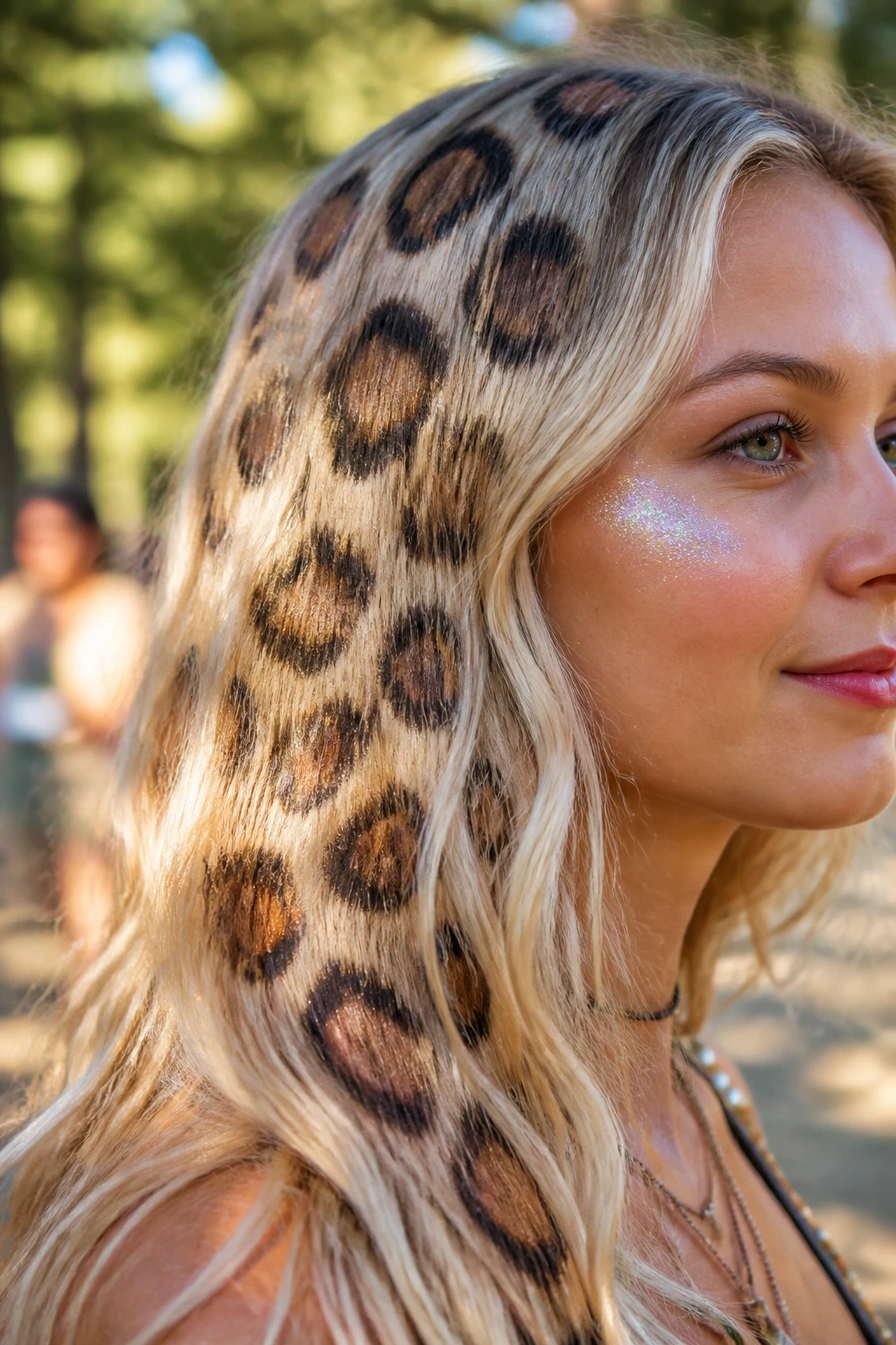 Leopard print chalk pattern on blonde hair in sunlight