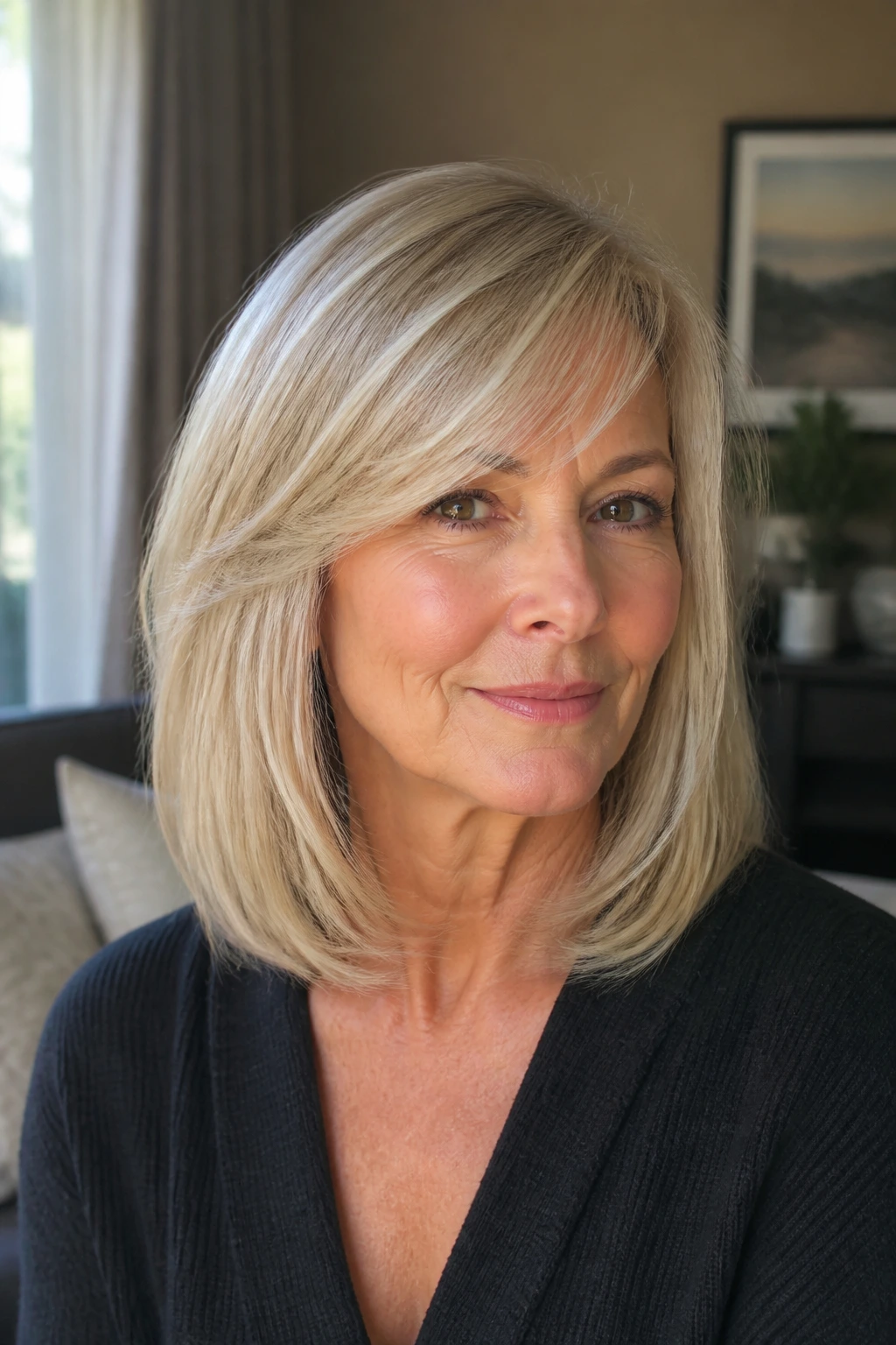 Portrait of a real woman with a lob and side-swept bangs