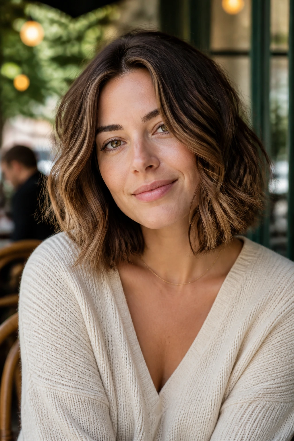 Woman with long bob and soft waves framing her face