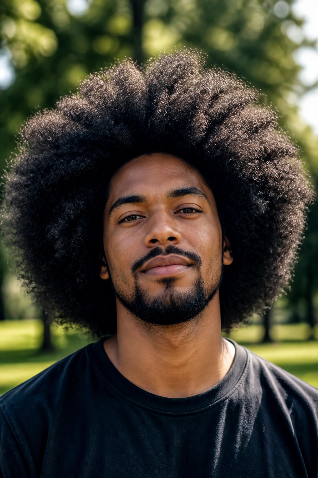 Portrait of a man with a long Afro hairstyle outdoors in a park