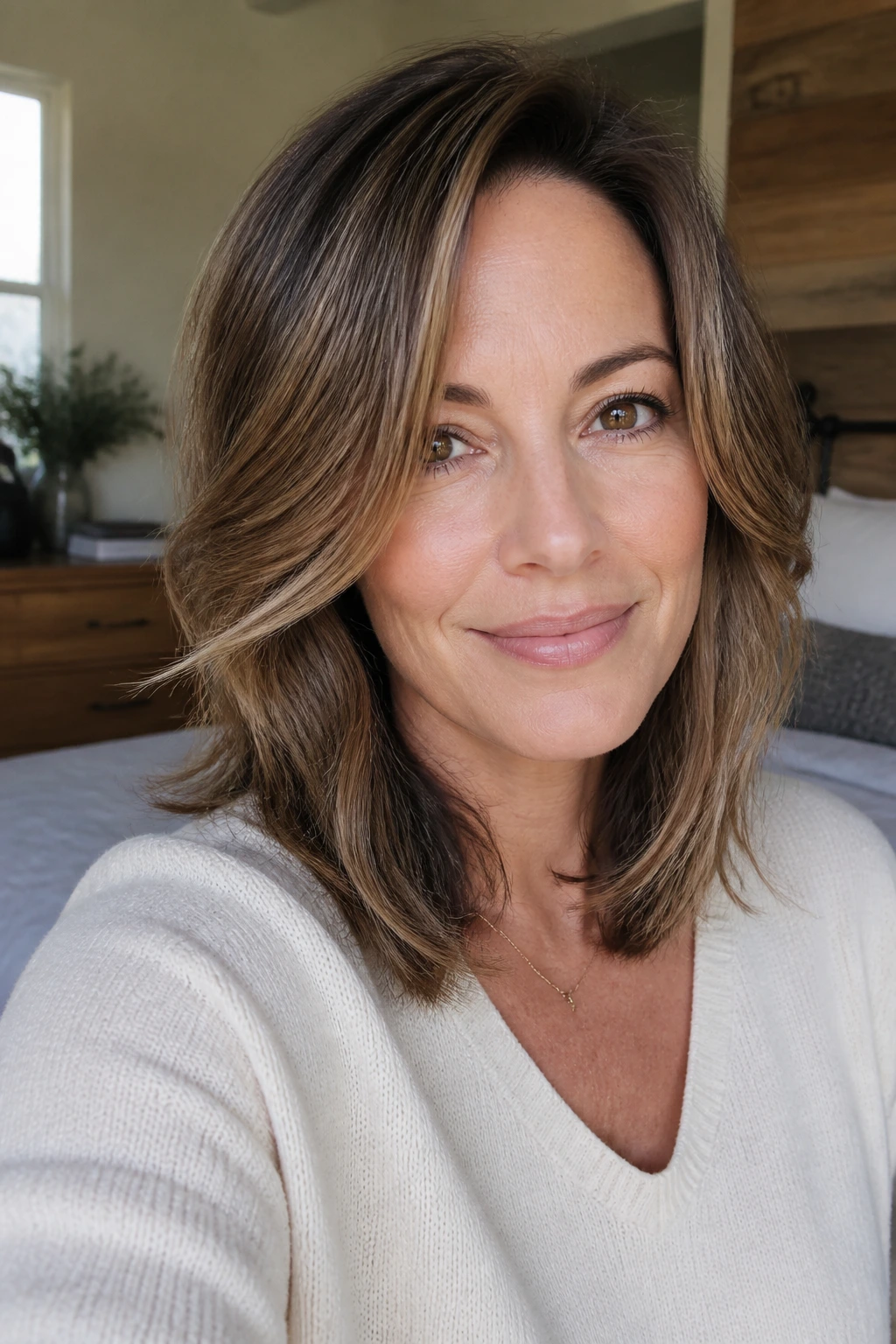 Close-up of a woman with a layered long bob in warm morning light