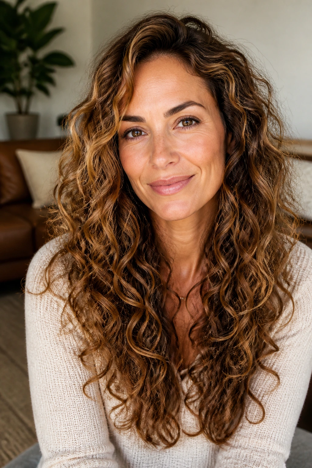 Close-up of a real woman in her 40s with long curly layered hair