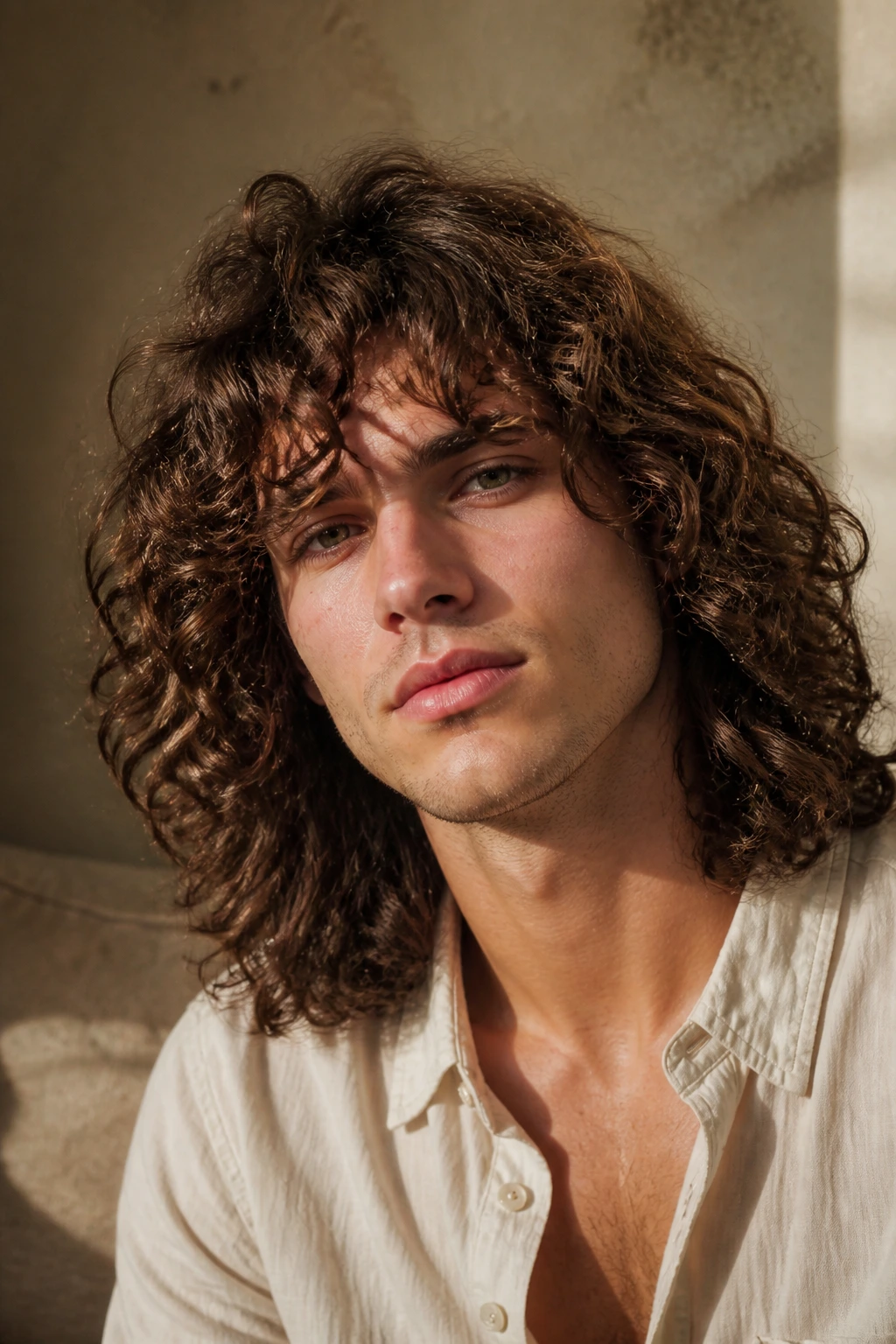 Portrait of a real person with long curly shag hairstyle in natural light