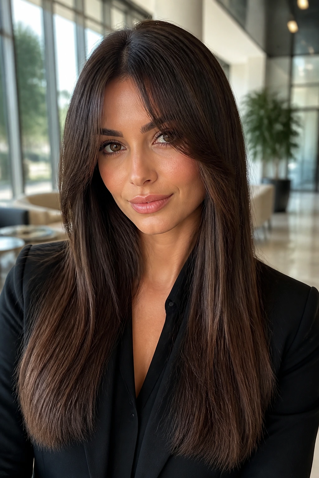 Portrait of a woman with long sleek curtain bangs in a modern setting