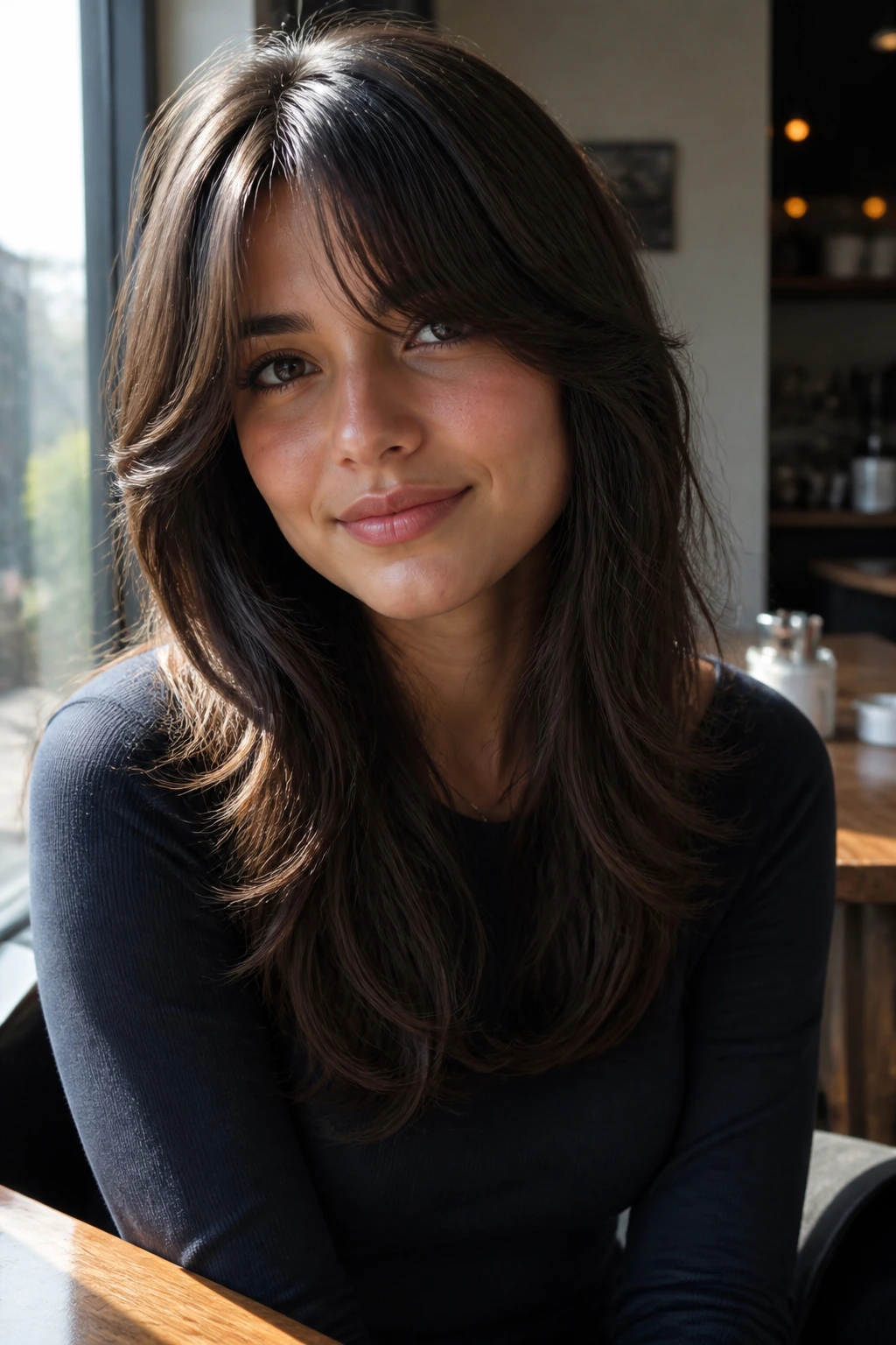 Close-up of a person with face-framing long fringe layers starting at the nose bridge