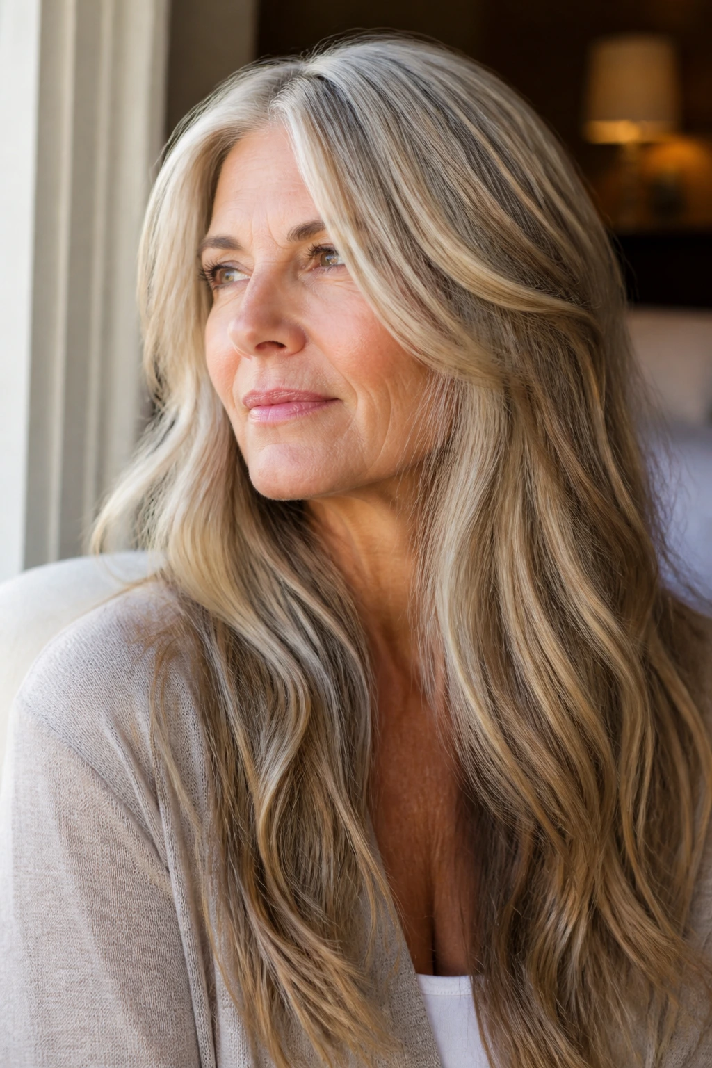 Close-up of long hair with subtle lowlights in warm indoor light