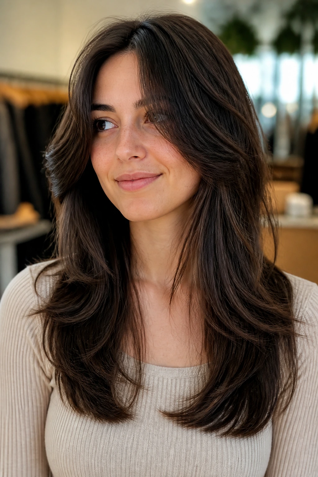 Close-up of woman with long layered cut starting below the chin