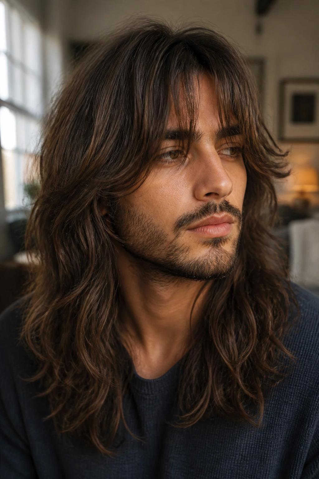 Close-up of a real man with thick, long layered hair and curtain bangs framing his face