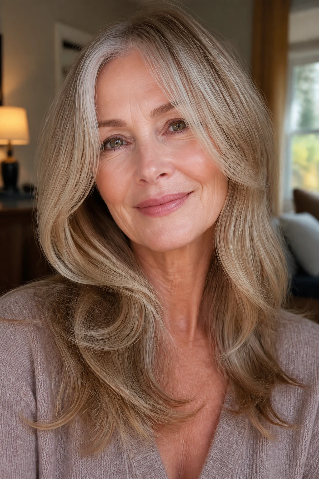 Close-up of a real woman with long hair featuring face-framing layers