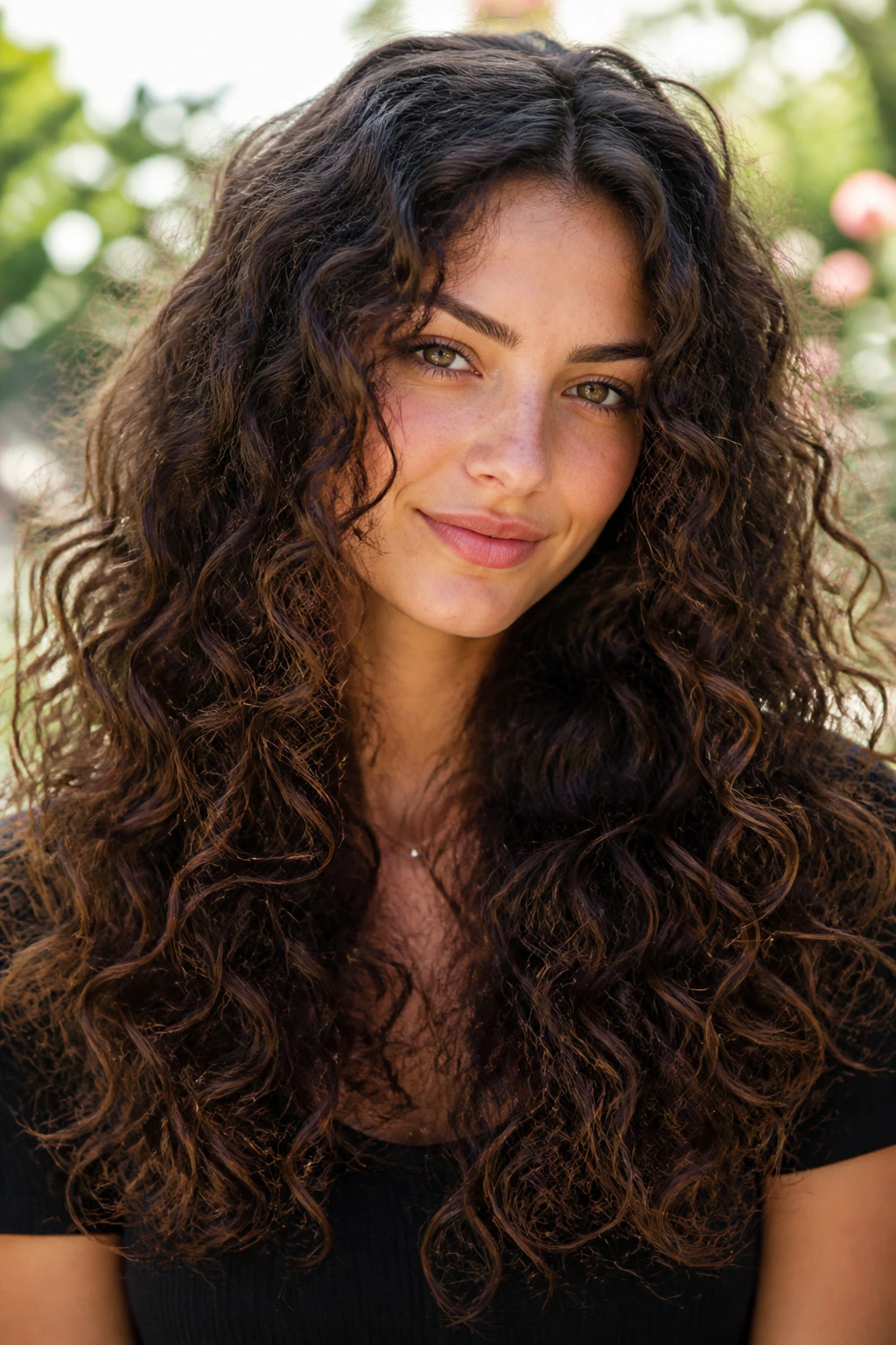 Close-up portrait of a real woman with long curls and inner thinning layers.
