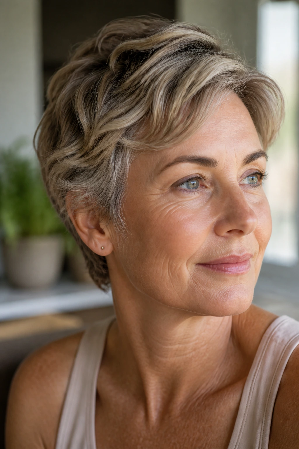 Close-up of a real woman with a growing-out pixie transitioning to longer hair