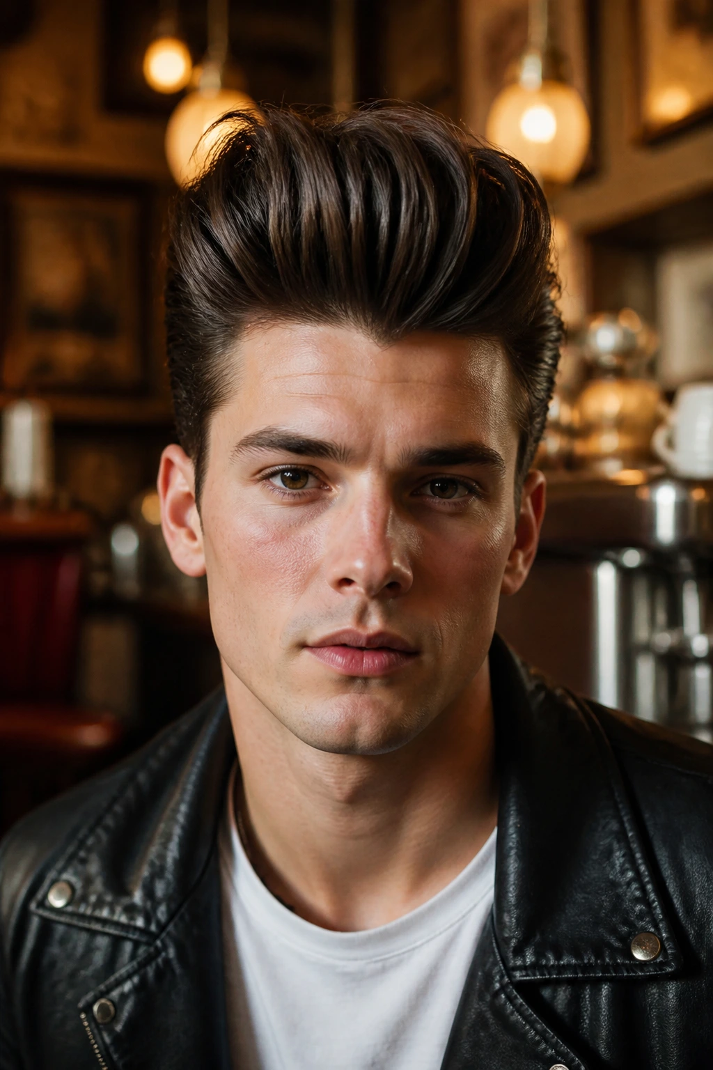 Real man with long pompadour hairstyle in retro cafe lighting