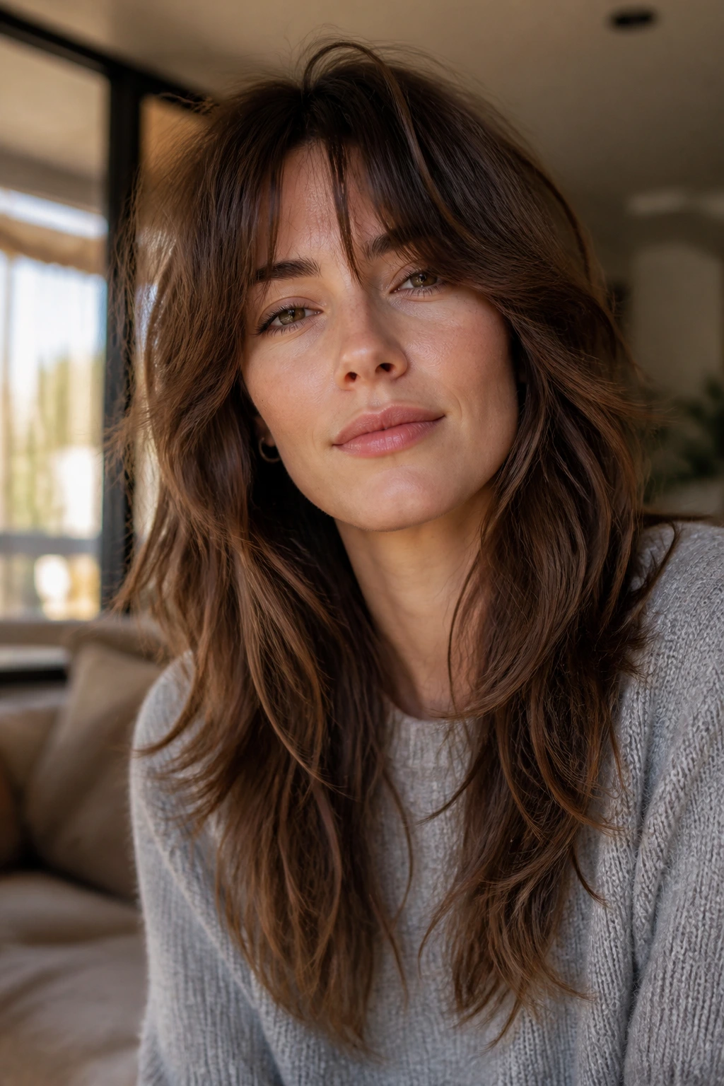 Close-up of a real woman with long layered shag hairstyle featuring cheekbone-length layers and wispy ends.