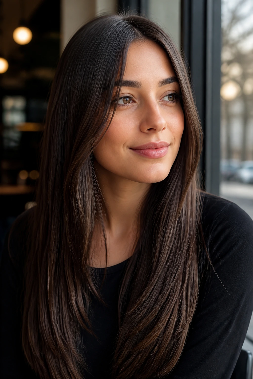 Close-up of a real woman with long straight hair with internal layers