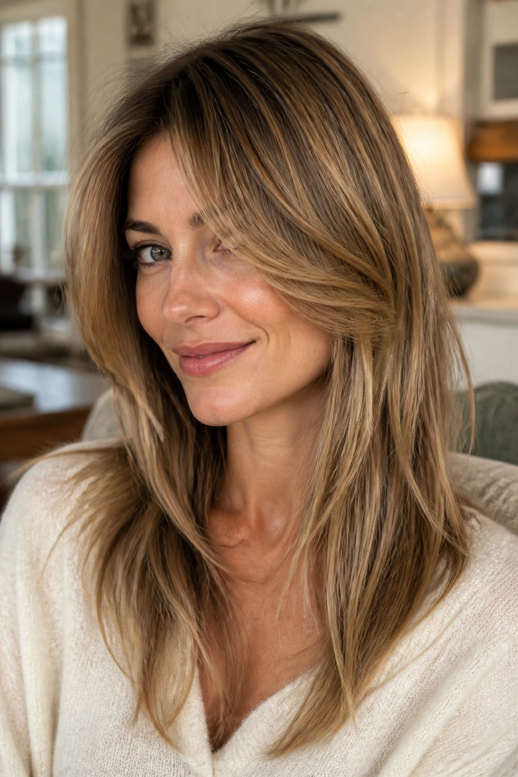 Close-up portrait of a real woman with long tapered layers framing the face.