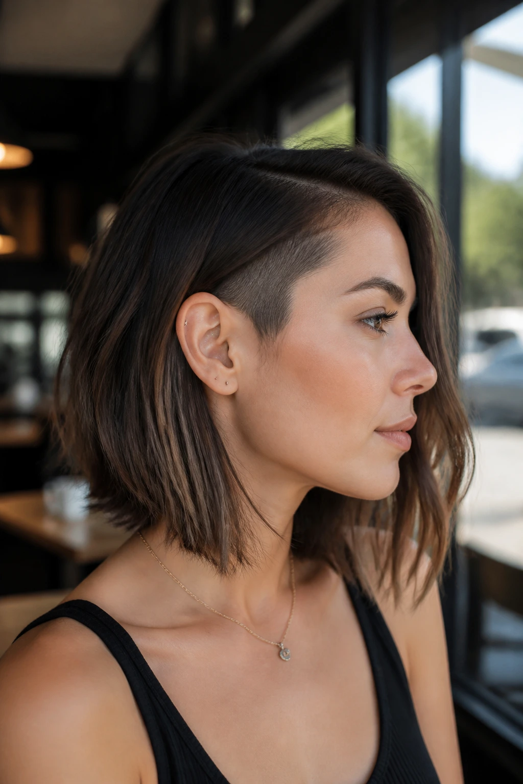 Portrait of a real woman with long undercut lob and soft ends