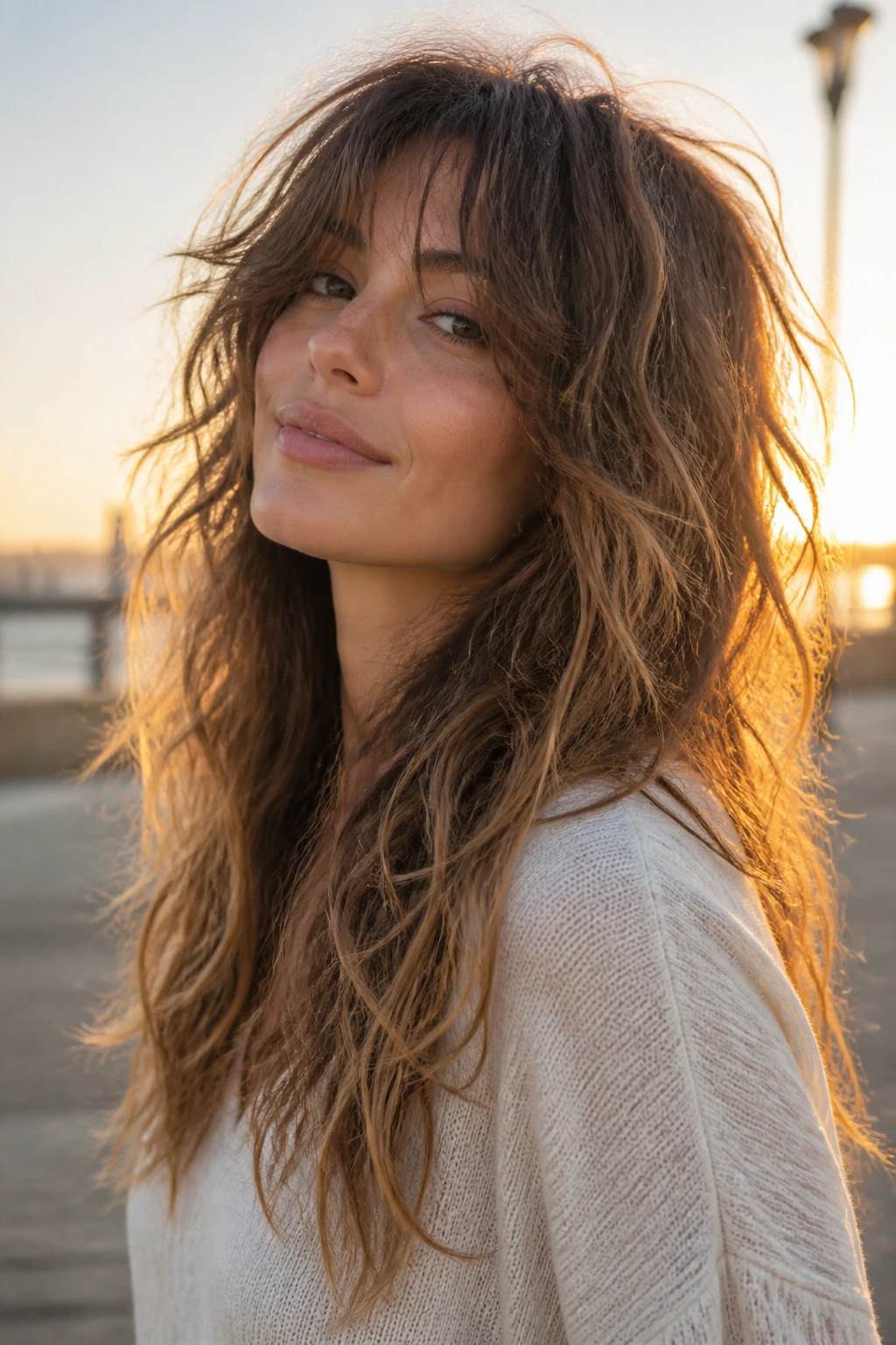 Close-up of a real person with long, wavy shag and texture spray.