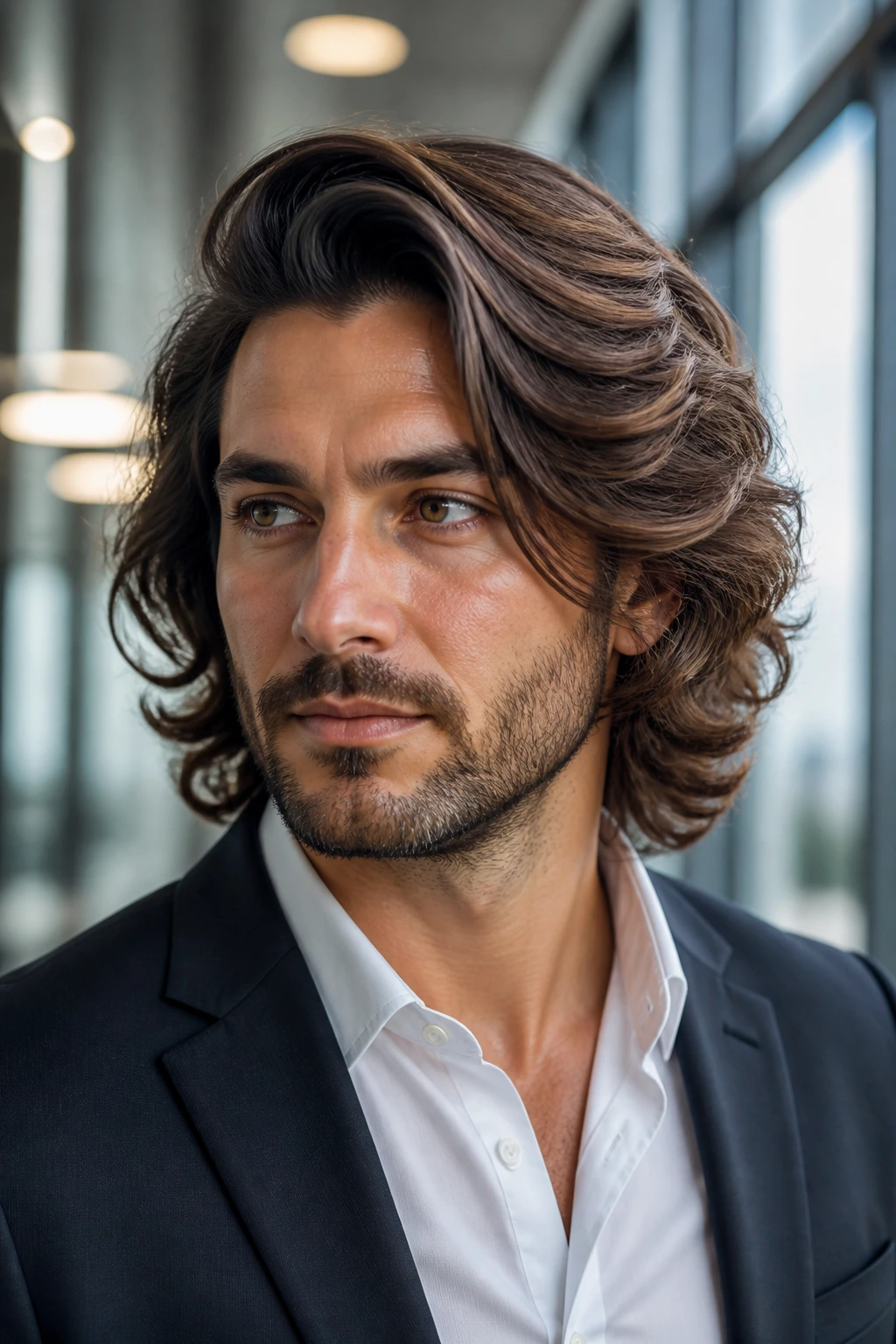 Close-up portrait of a man with long wavy side-part hairstyle in an office setting