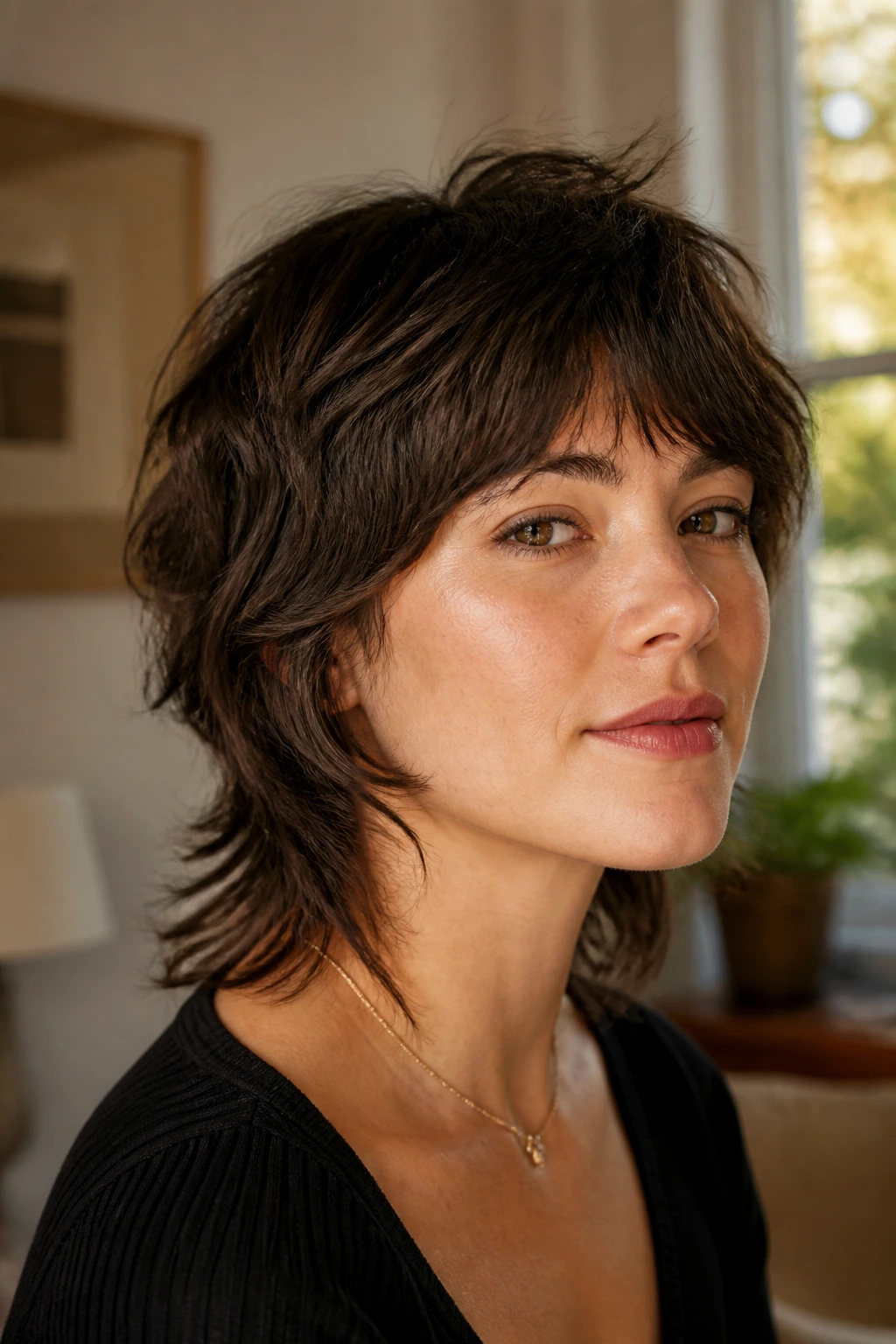 Close-up portrait of a real woman showing shag with longer nape hair