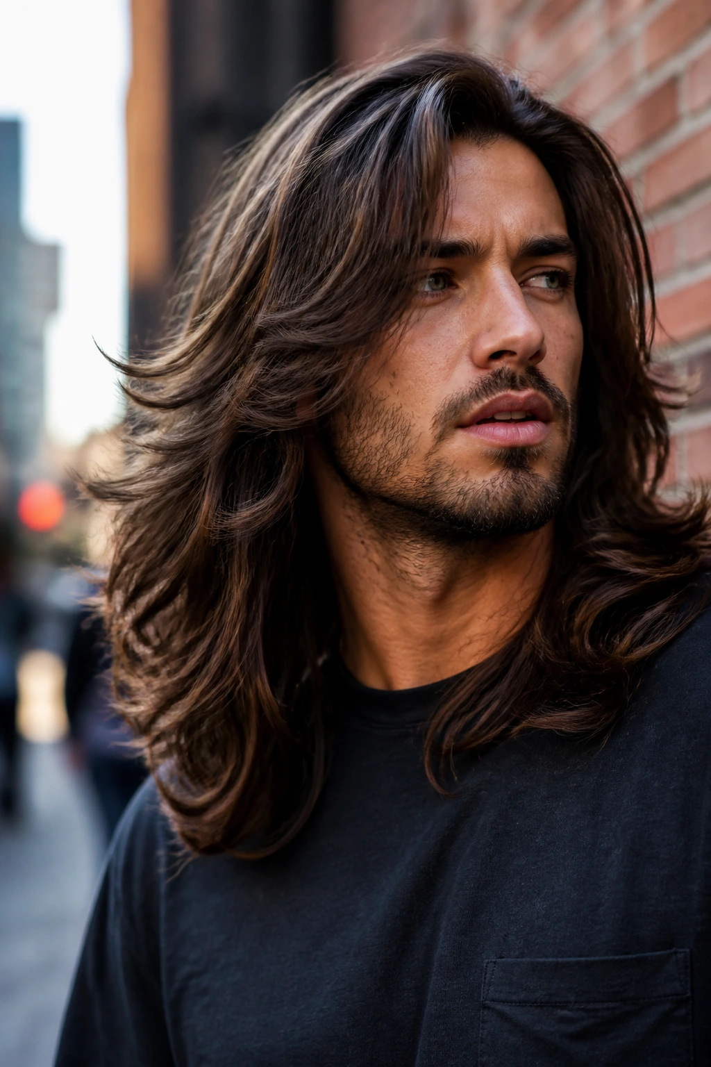 Close-up of a real man with long layered hair showing texture.