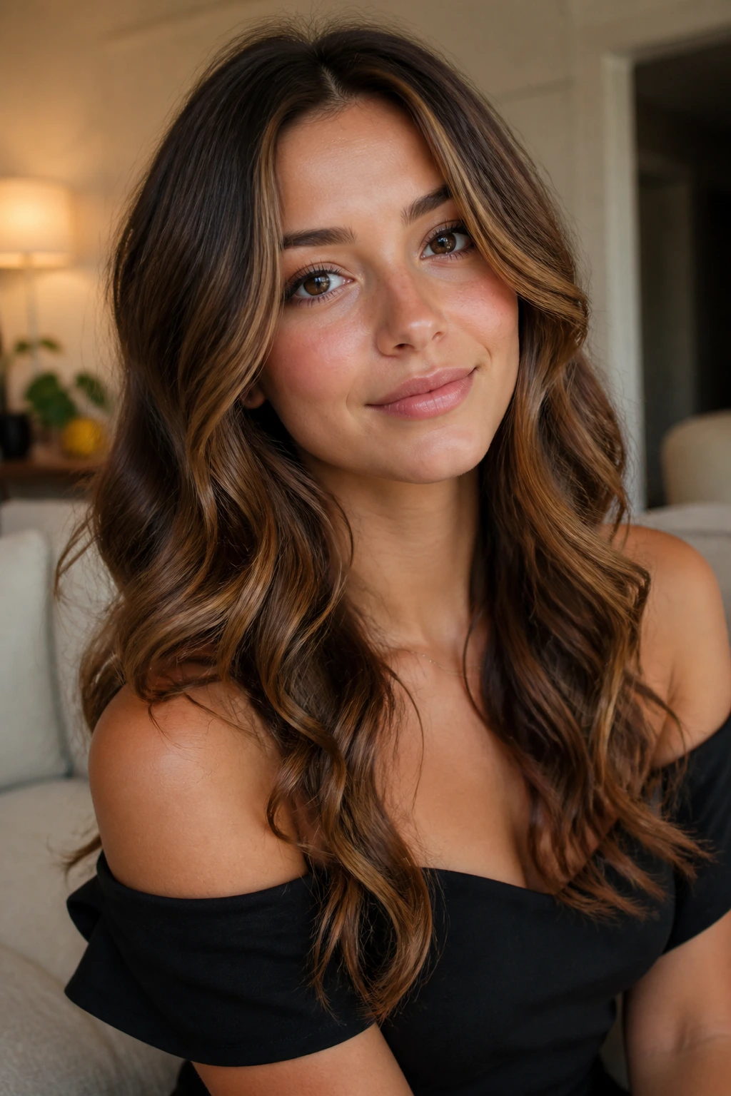 Real woman with loose romantic curls in warm light