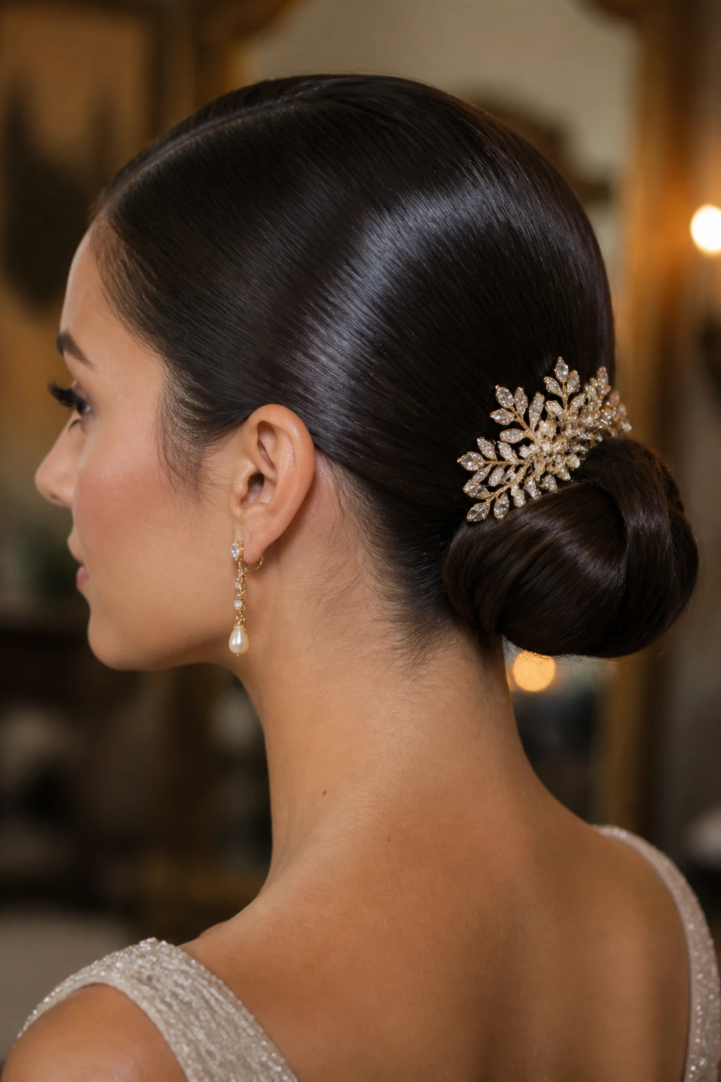 Close-up of a real woman with a sleek low bun and decorative hairpin