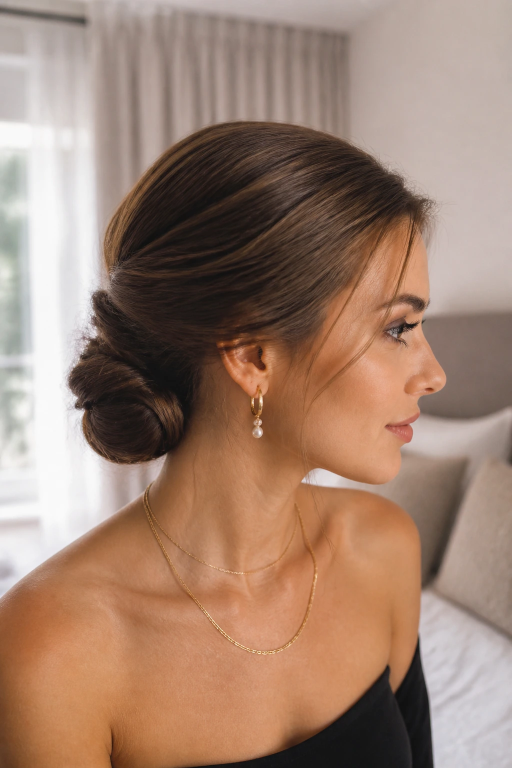 Close-up of a real woman with a classic low chignon at the nape in warm natural light