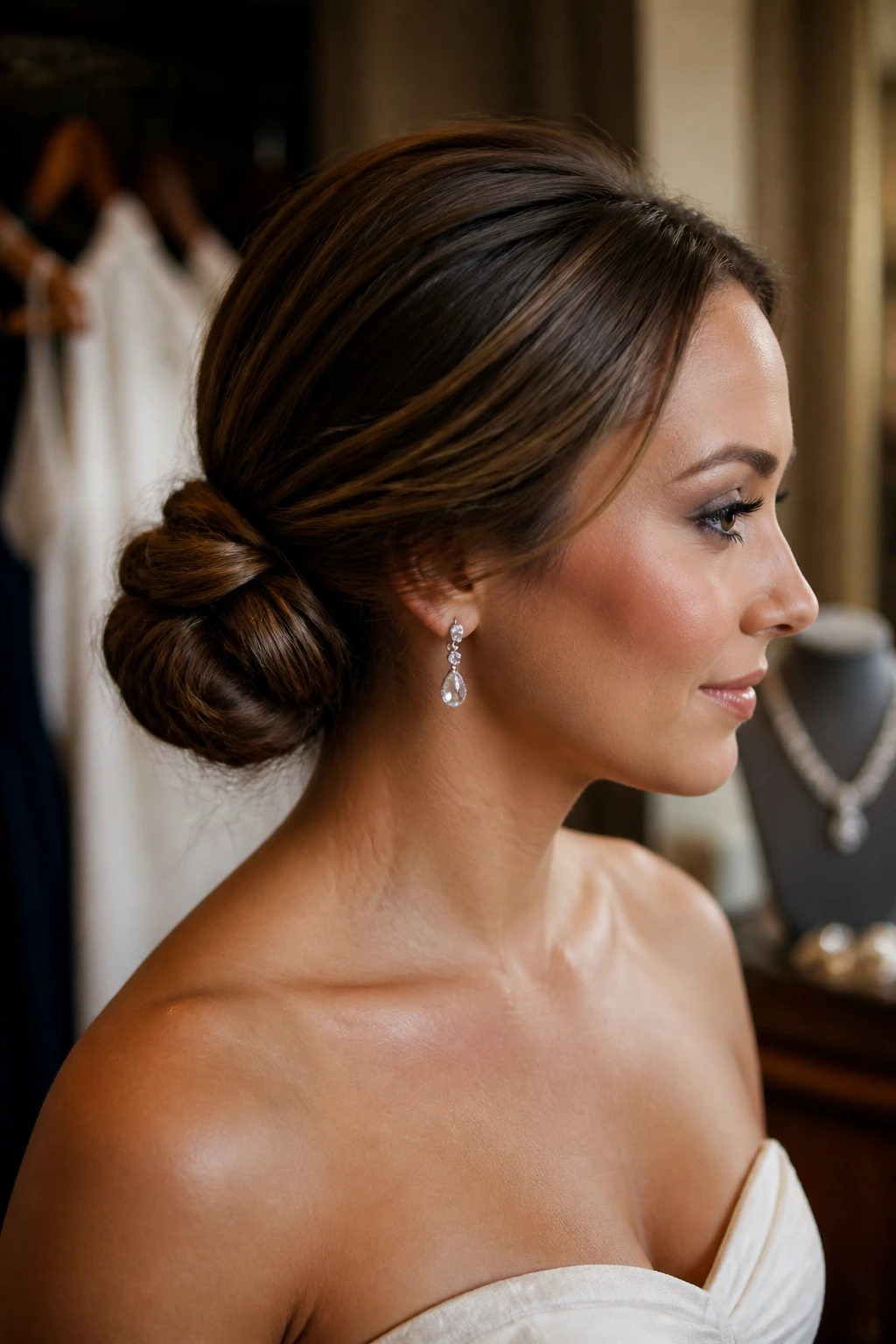 Close-up of a woman with a softly messy low chignon at the nape