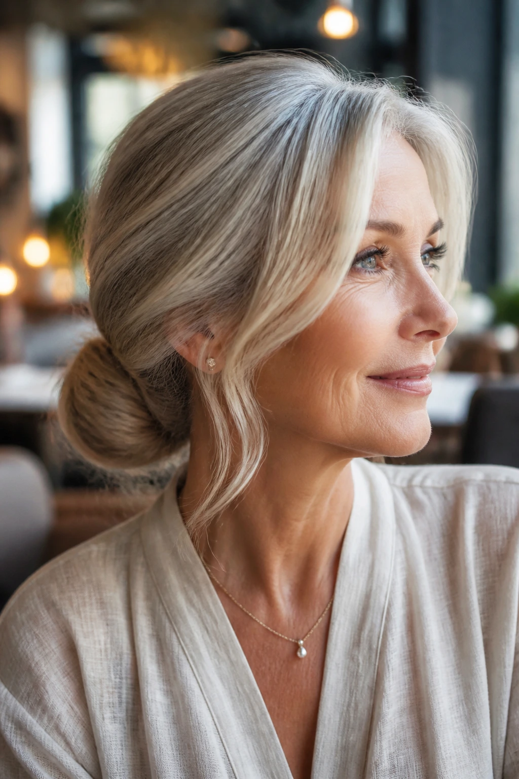 Close-up of a woman with a low chignon in a cafe setting