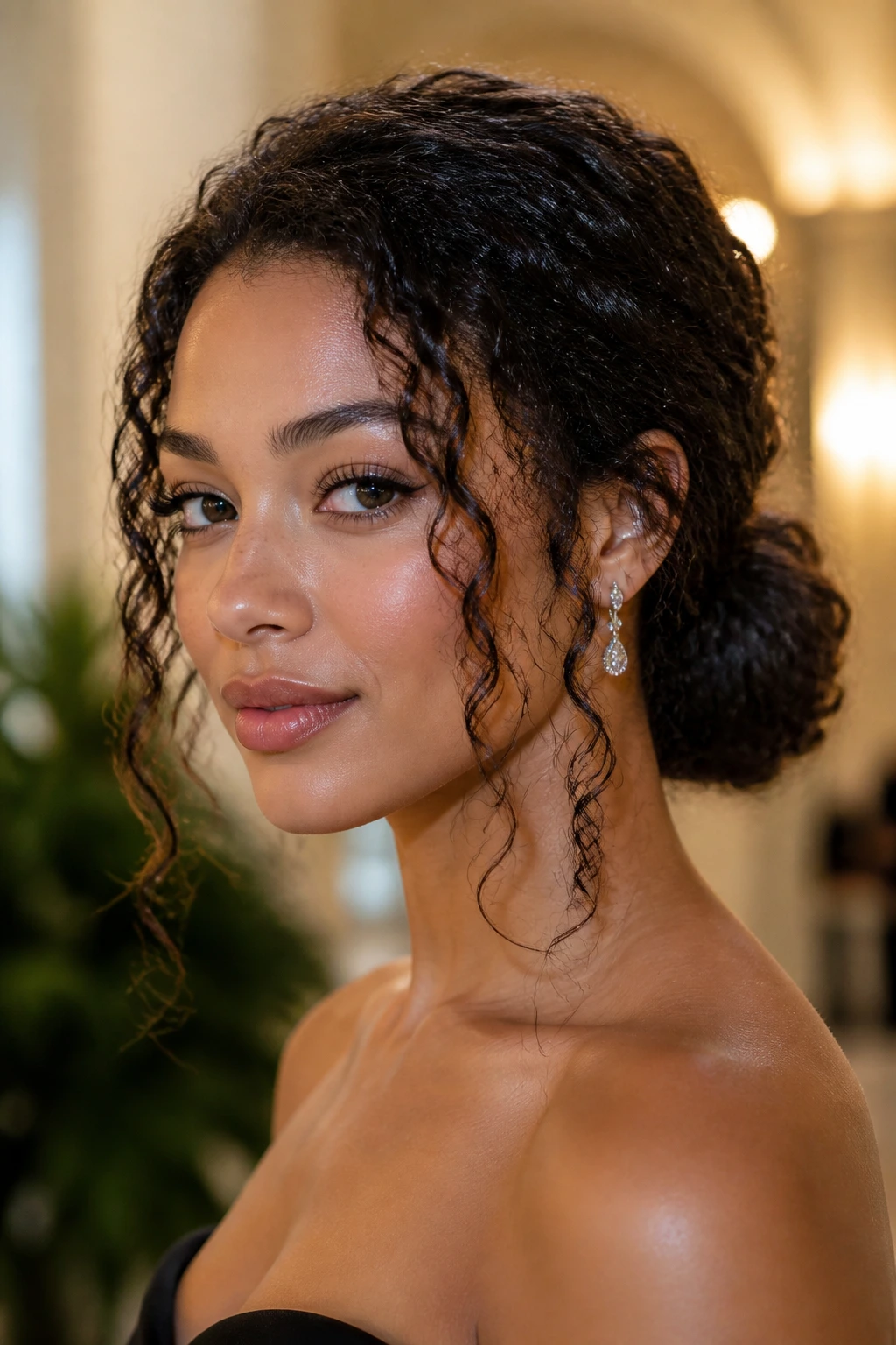 Close-up of a real woman wearing a low chignon with tendrils