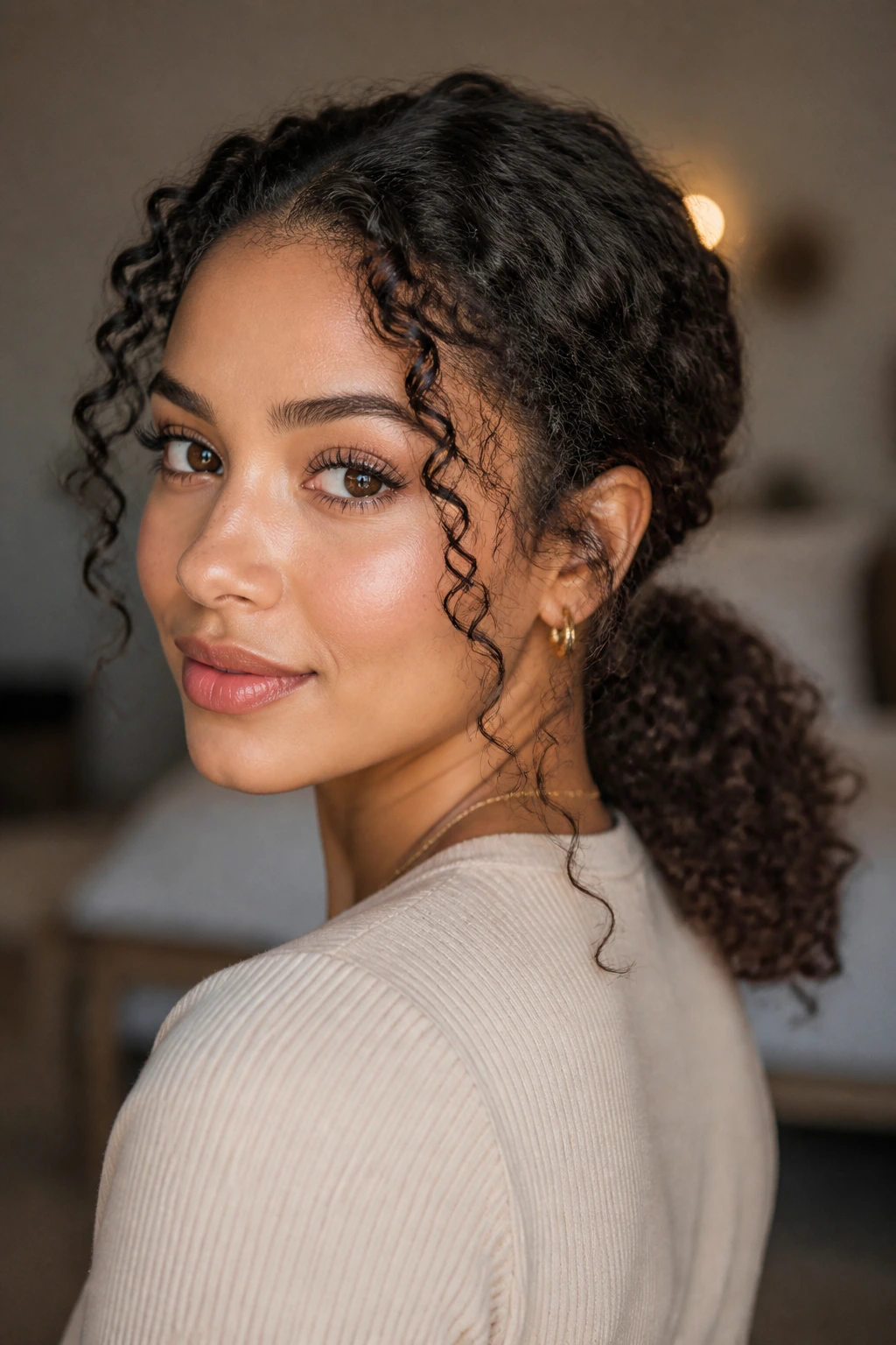 Close-up of a real woman with a low curly ponytail and face-framing curls