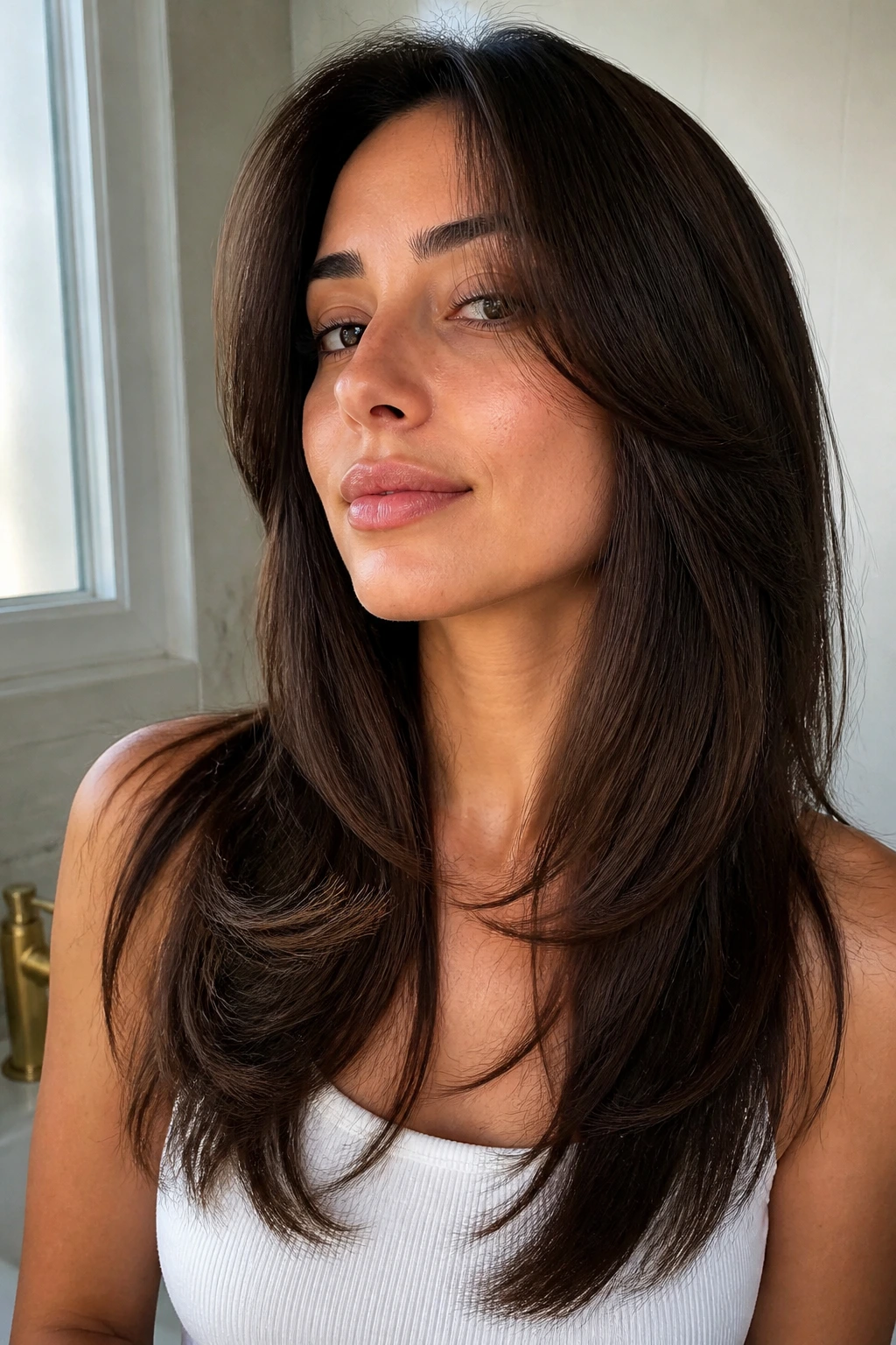 Close-up of a real person with straight hair and blended internal shag layers.