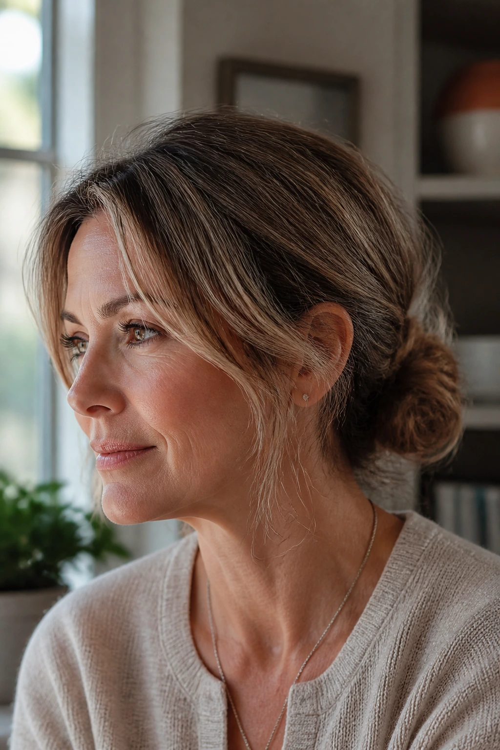 Close-up of a woman wearing a low messy bun with soft face-framing pieces.