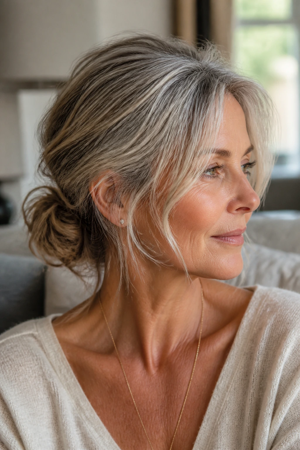 Close-up profile of a real woman with a low bun and wispy tendrils