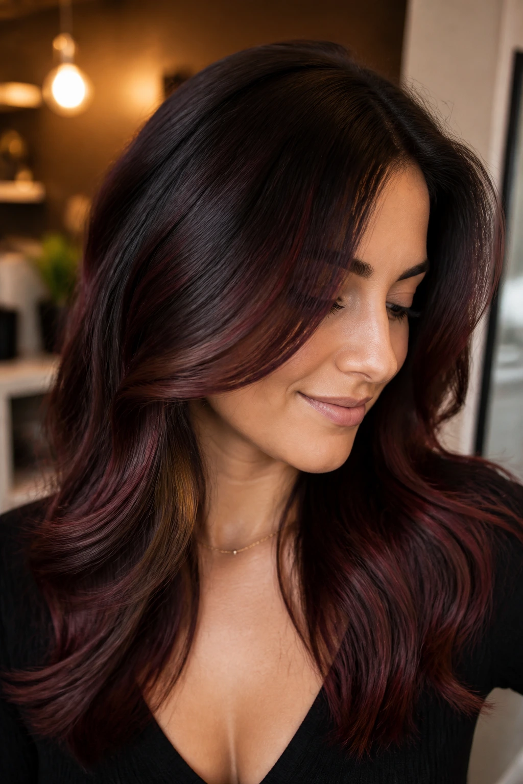 Close-up of a woman with mahogany accents in dark brown hair