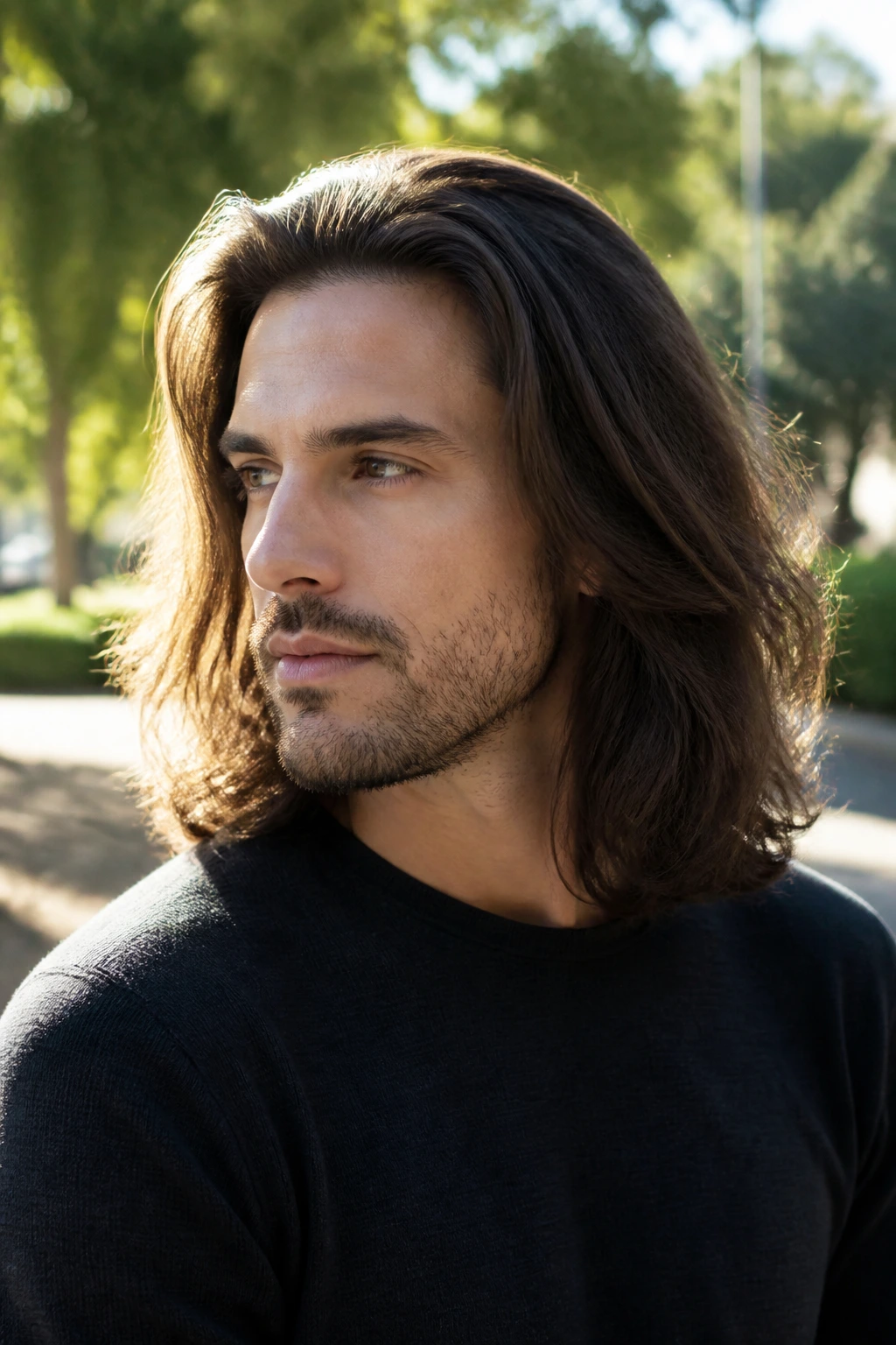 Close-up of a man with shoulder-length thick hair flowing over shoulders.