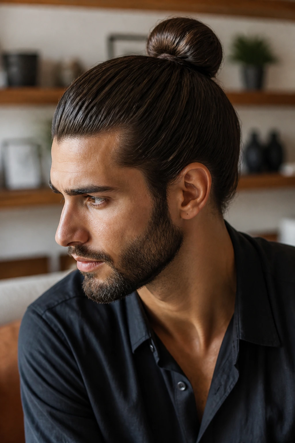 Close-up of a real man with a structured bun at the crown, thick hair pulled back.