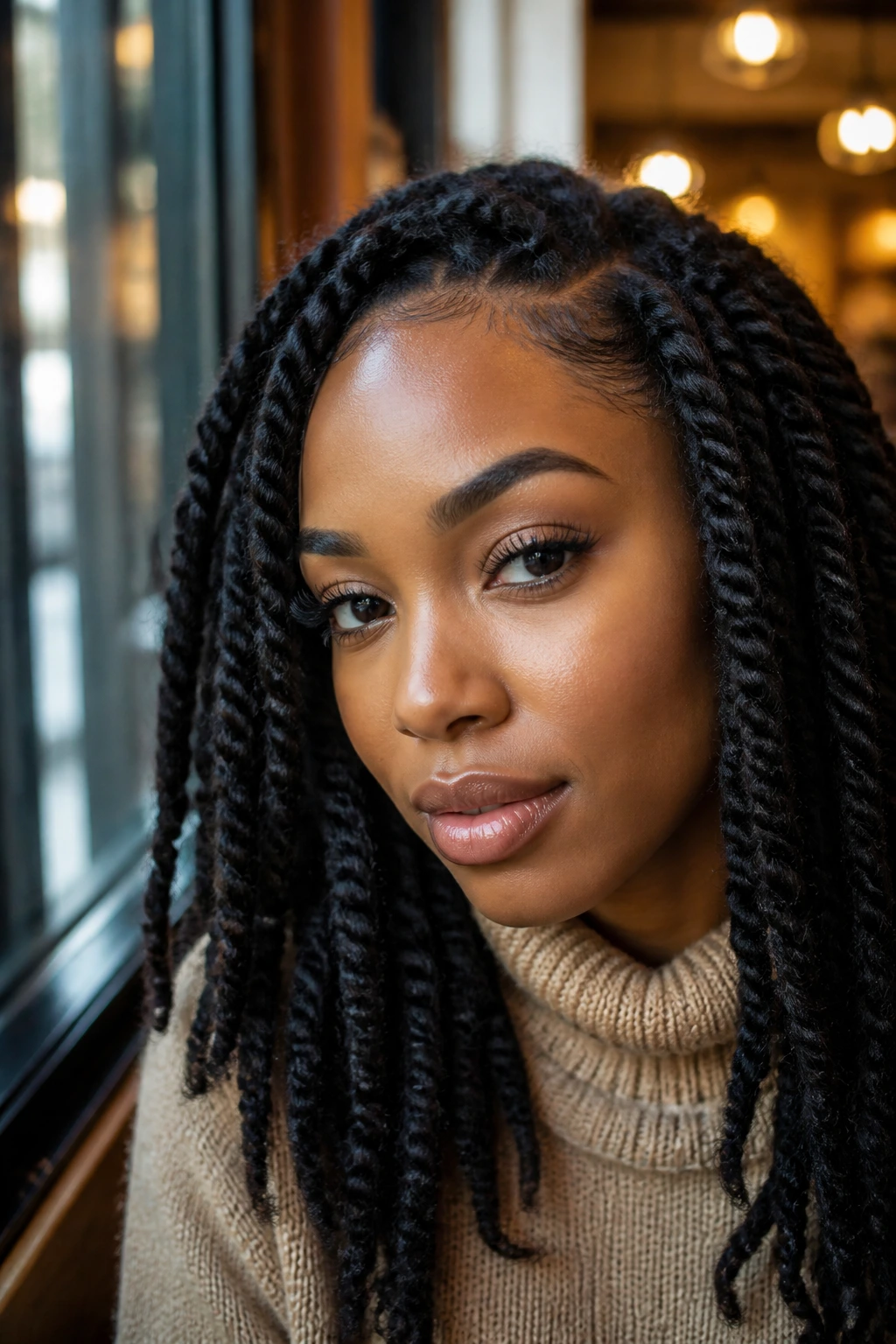 Close-up of a real woman with Marley twists in a cozy cafe setting