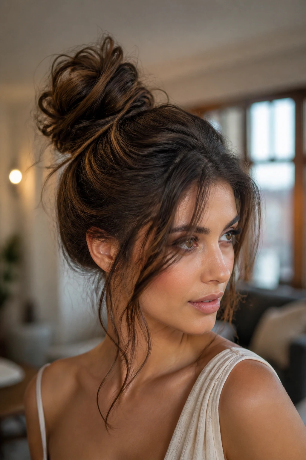 Close-up of a woman with a large messy bohemian bun