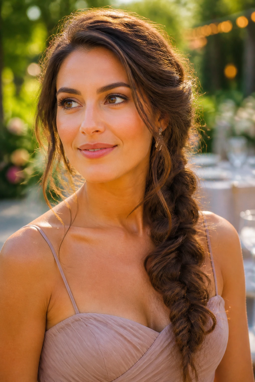 Close-up of a woman with a voluminous messy side braid in a garden setting