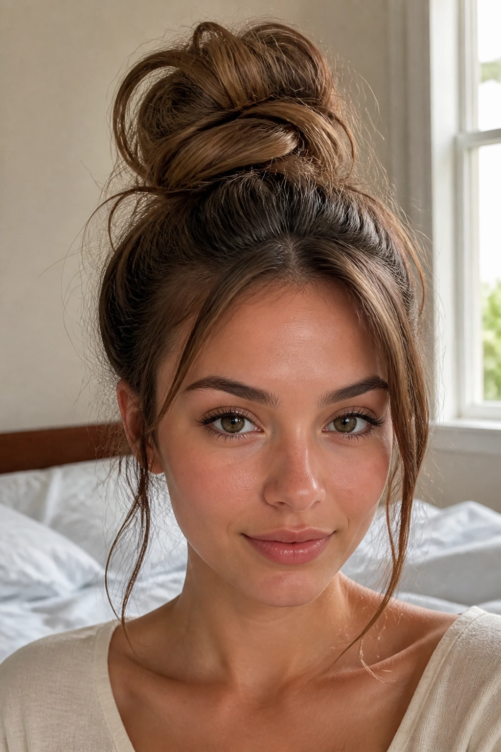 Woman with high messy bun and wispy face-framing pieces